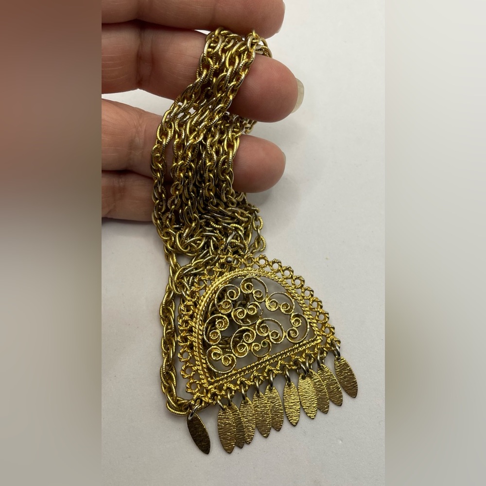 Vintage Multi Chain Gold Tone Necklace Ornate Scroll Open Work Pendant & Dangles